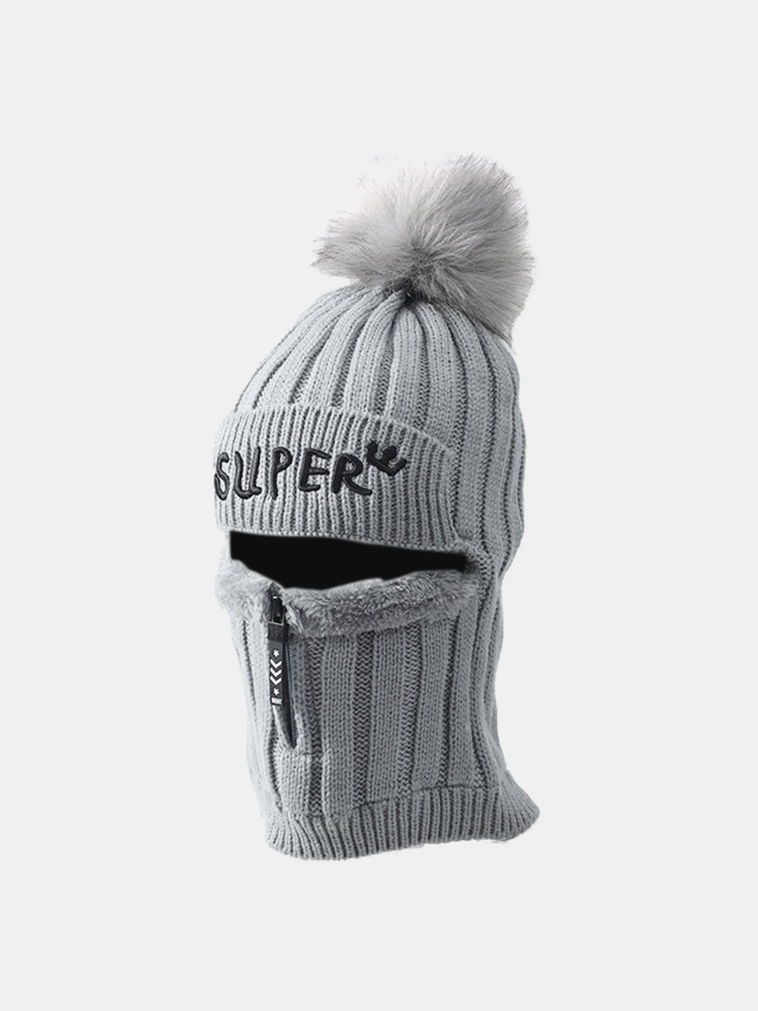 Winter Fleece-Lined Beanie Hat With Zipper Face Mask