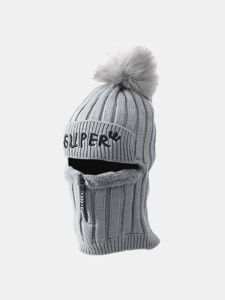 Winter Fleece-Lined Beanie Hat With Zipper Face Mask