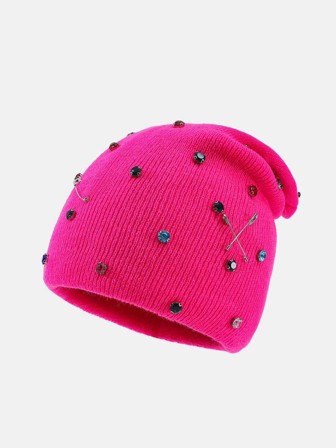 Fashion Punk Style Warm Rhinestone Knit Beanie Hat With Brooch Pin