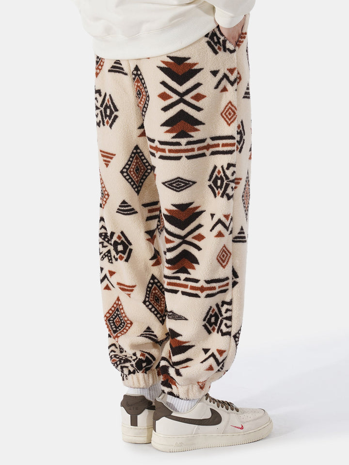 Tribal Geometry Pattern Teddy Jogger Pants