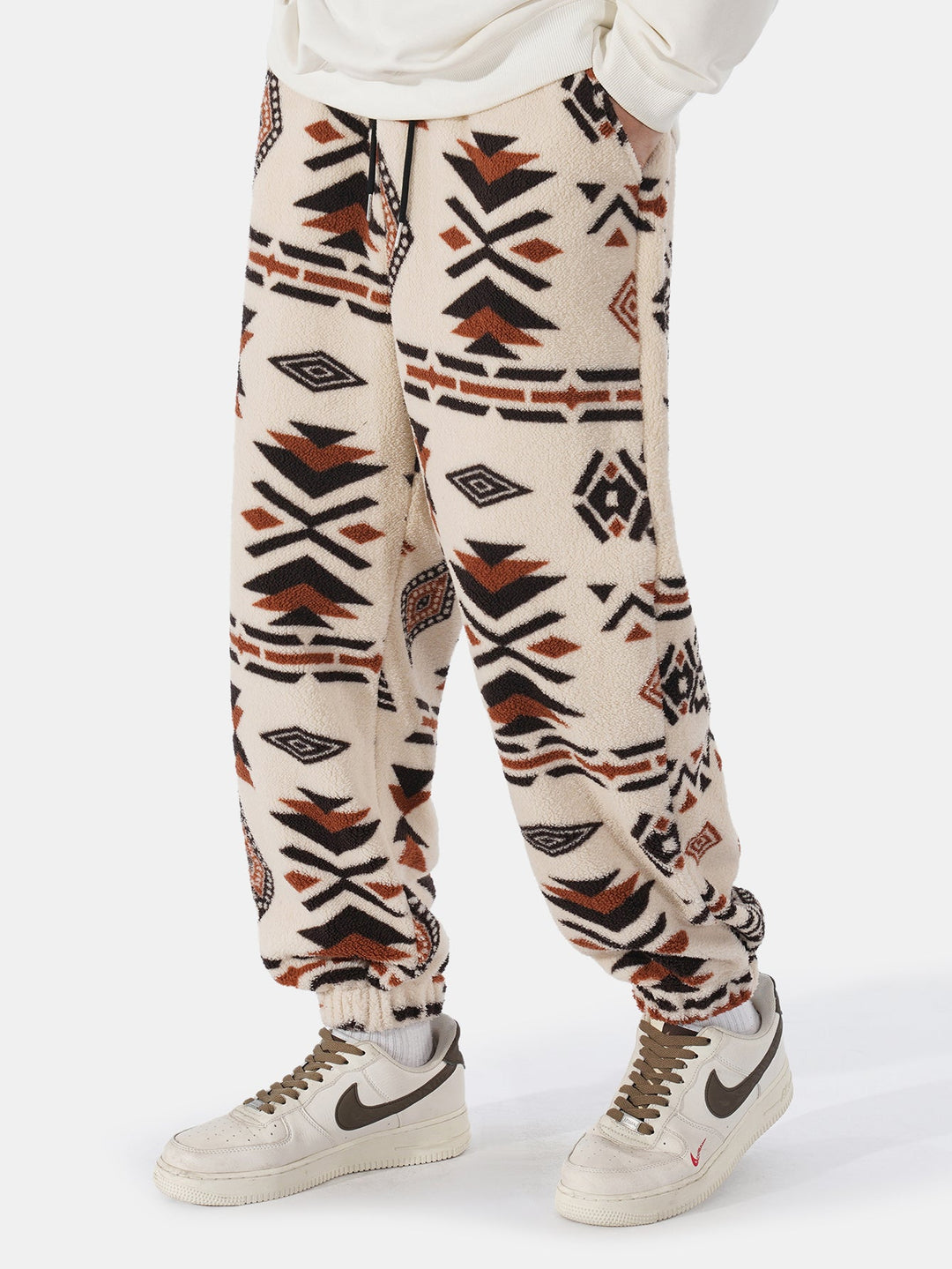 Tribal Geometry Pattern Teddy Jogger Pants