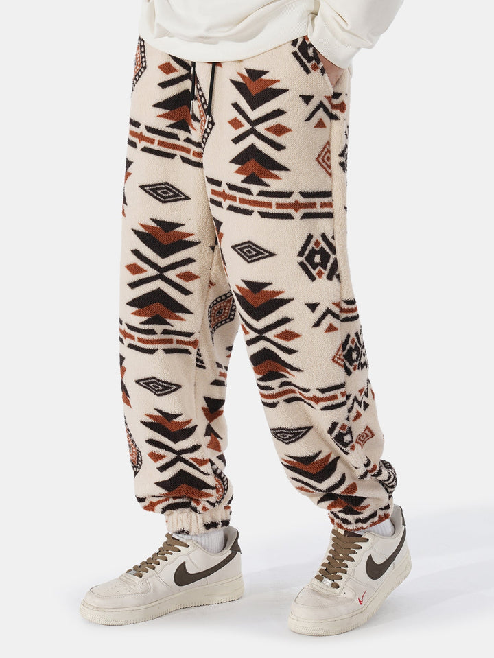 Tribal Geometry Pattern Teddy Jogger Pants