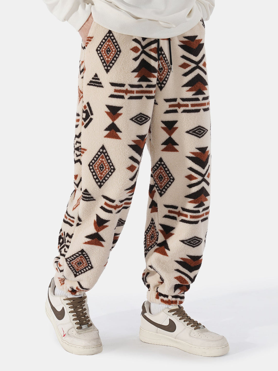 Tribal Geometry Pattern Teddy Jogger Pants