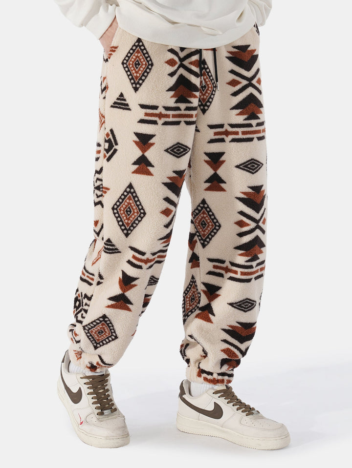 Tribal Geometry Pattern Teddy Jogger Pants