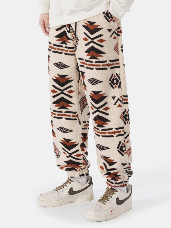 Tribal Geometry Pattern Teddy Jogger Pants