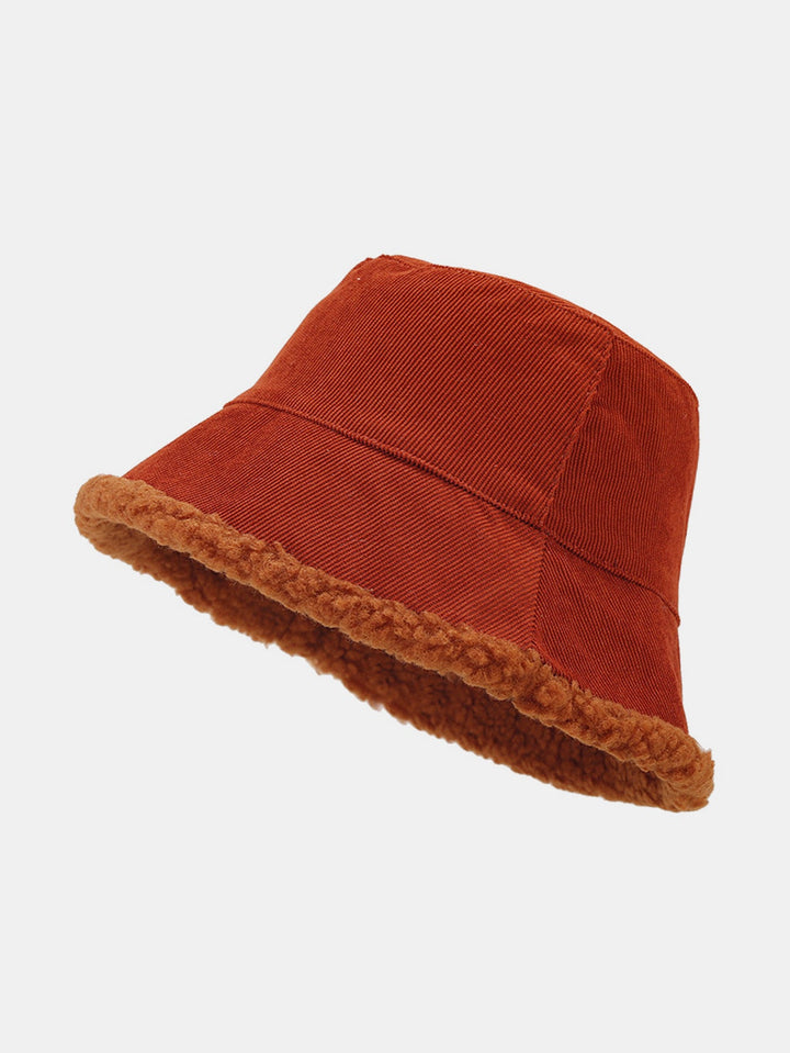Retro Corduroy And Lambswool Patchwork Double-sided Plush Bucket Hat