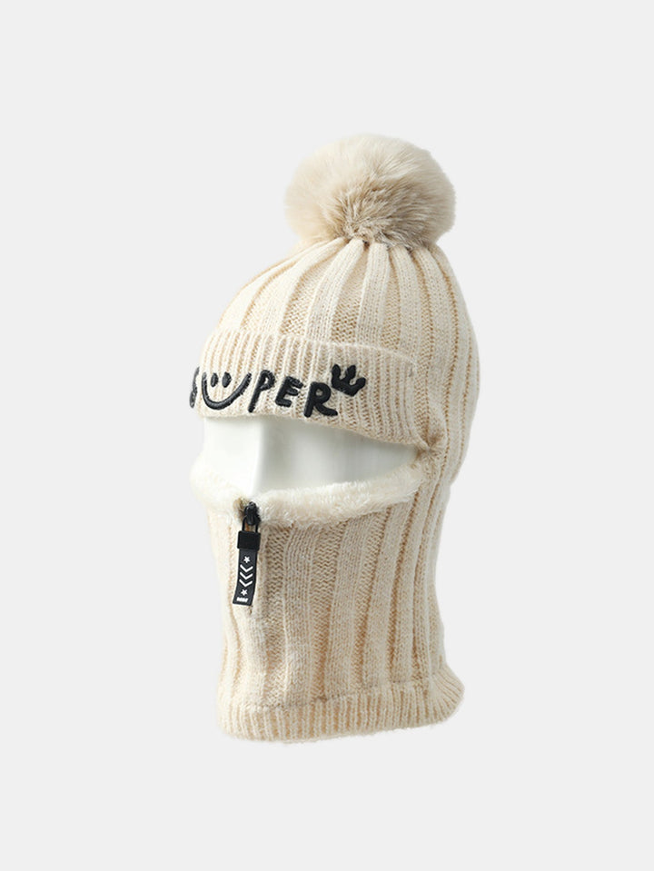 Winter Fleece-Lined Beanie Hat With Zipper Face Mask