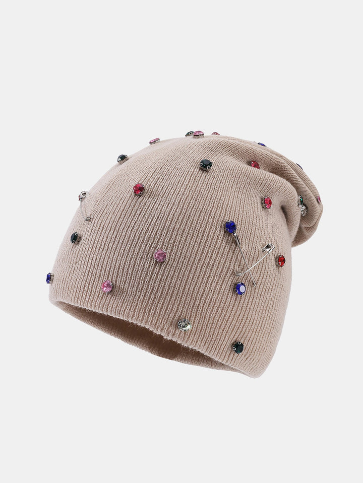 Fashion Punk Style Warm Rhinestone Knit Beanie Hat With Brooch Pin