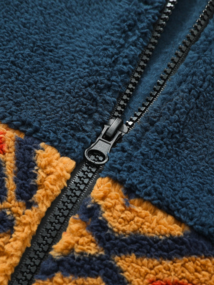 Relax Fit Contrast Tribal Geometry Teddy Jacket