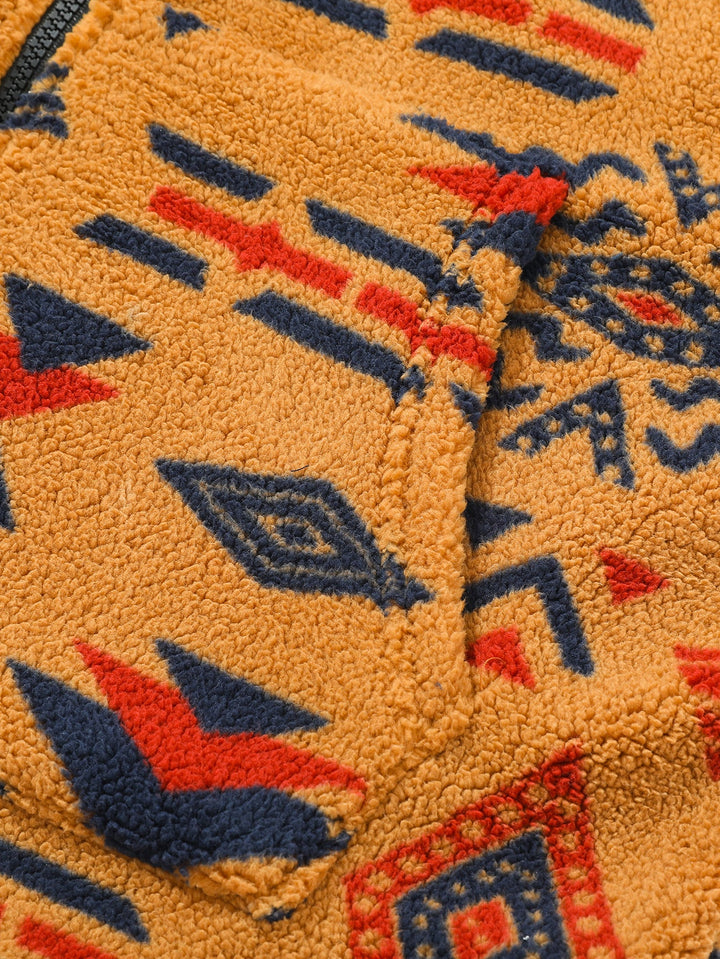 Relax Fit Contrast Tribal Geometry Teddy Jacket