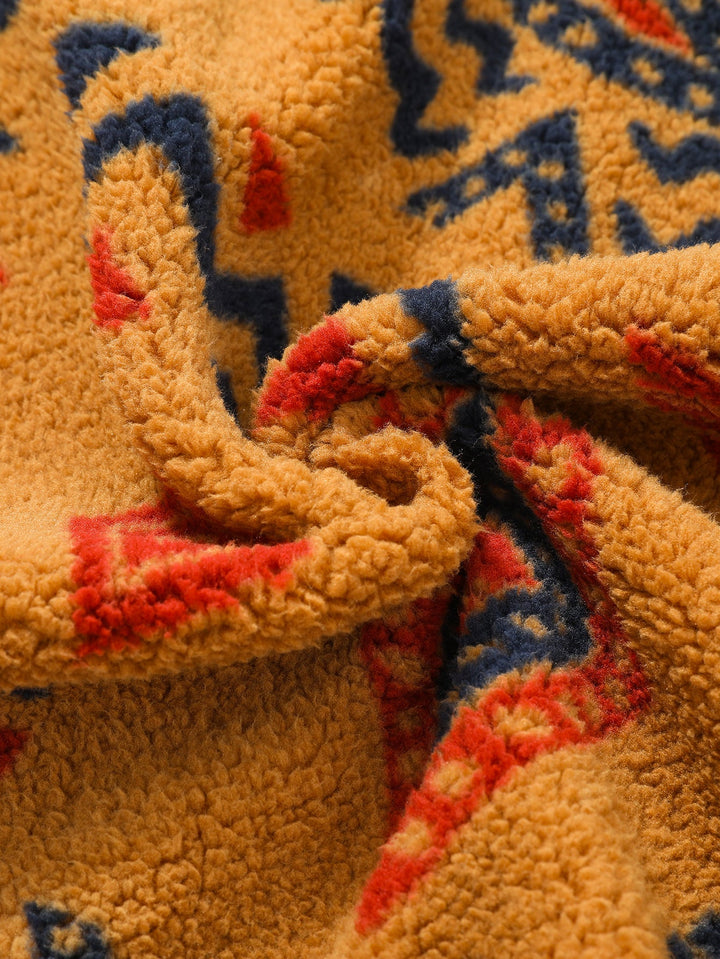 Relax Fit Contrast Tribal Geometry Teddy Jacket