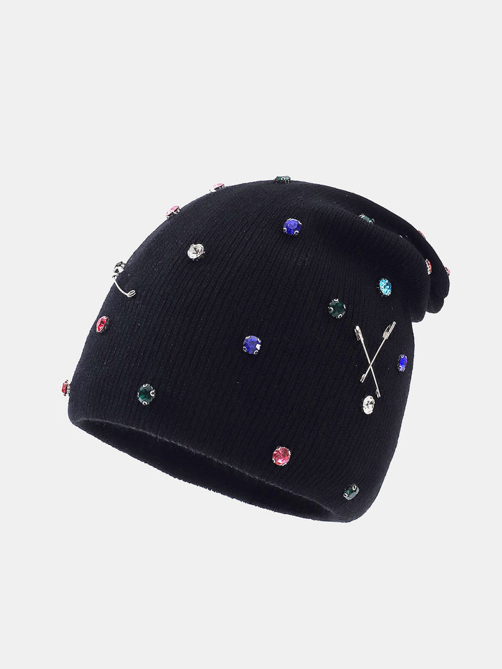 Fashion Punk Style Warm Rhinestone Knit Beanie Hat With Brooch Pin
