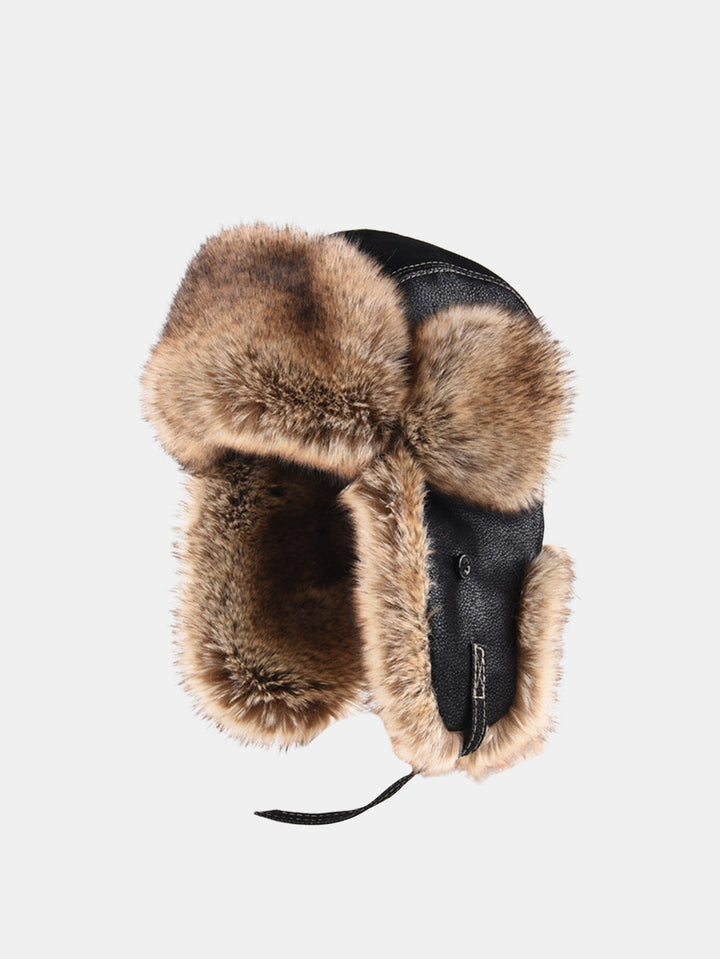 Faux Fur Leather Bomber Hat With Ear Flap