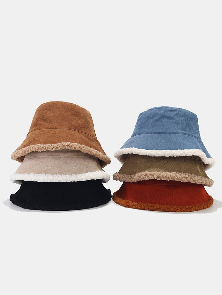 Retro Corduroy And Lambswool Patchwork Double-sided Plush Bucket Hat