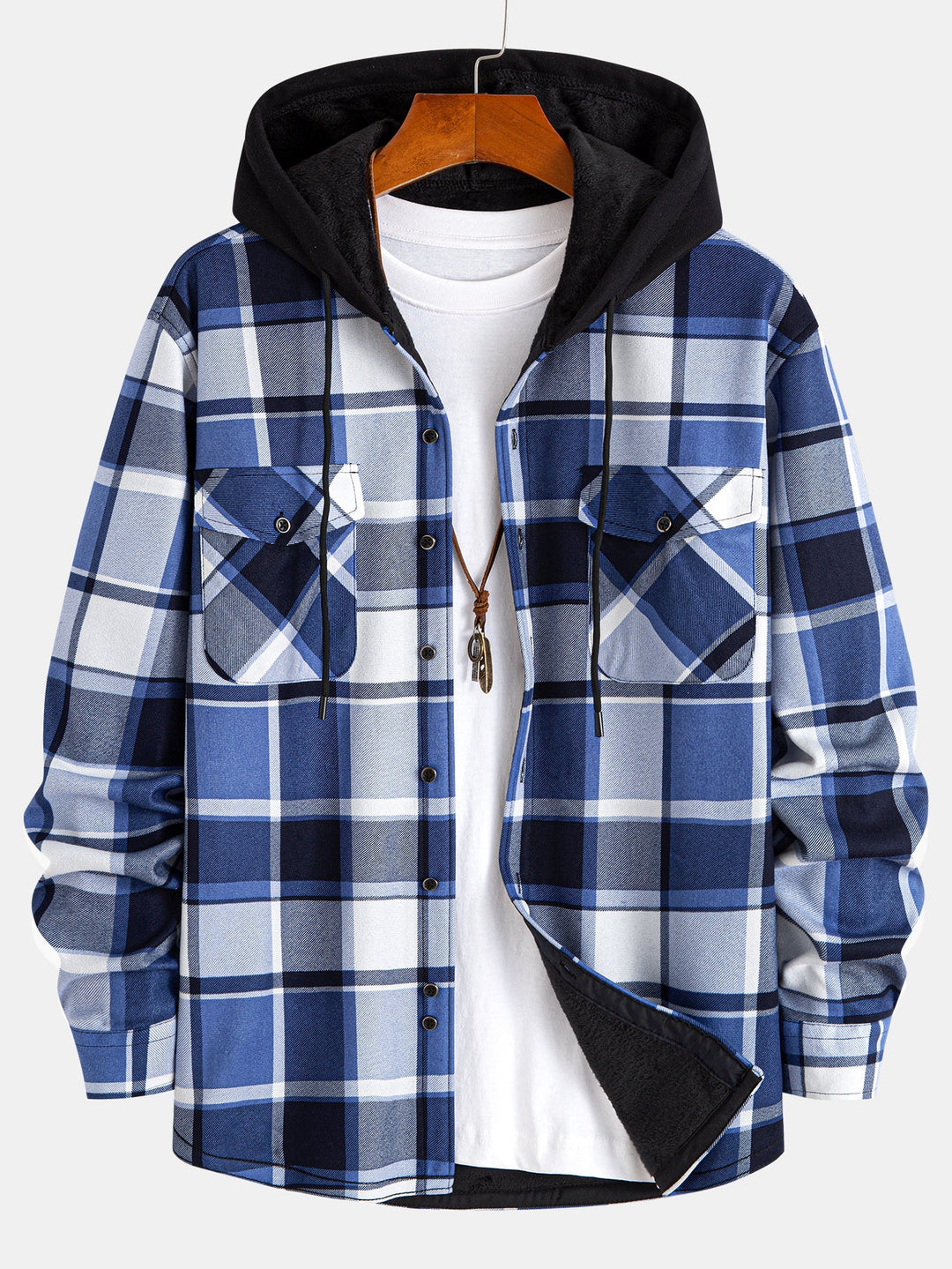 Flannel Fleece Lined Hooded Button Up Shirt