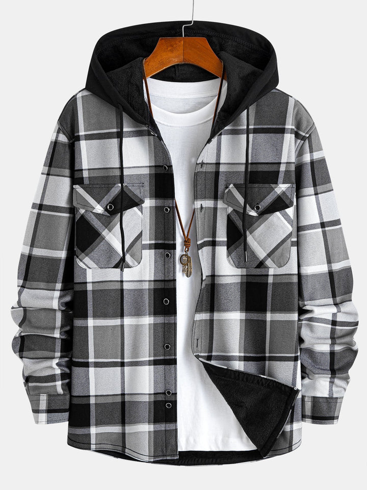 Flannel Fleece Lined Hooded Button Up Shirt