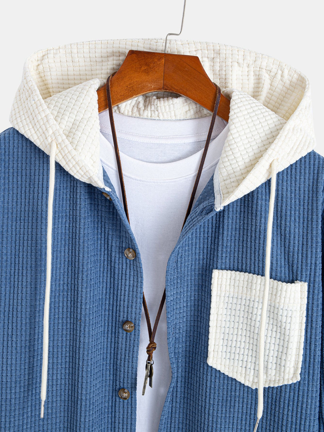 Long Sleeved Waffle Corduroy Contrast Hooded Shirt