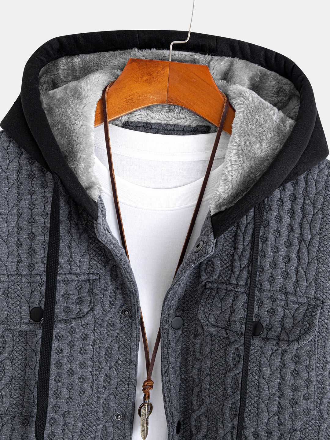 Faux Fur Lined Twist Jacquard Hooded Coat