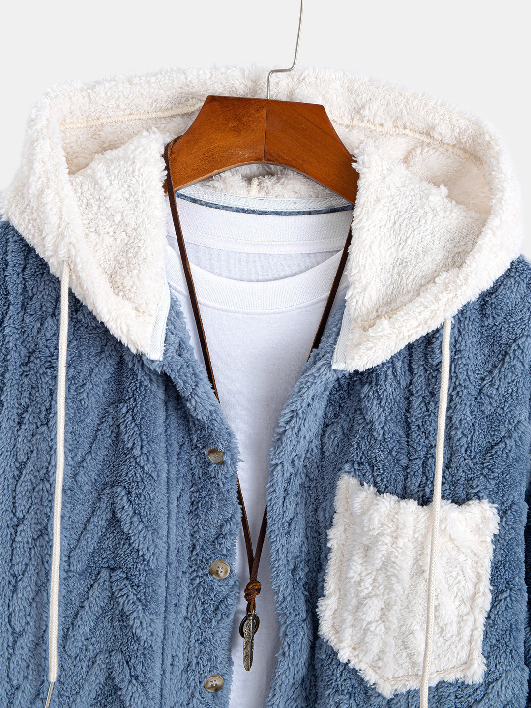 Contrast Geometric Jacquard Teddy Hooded Shirt