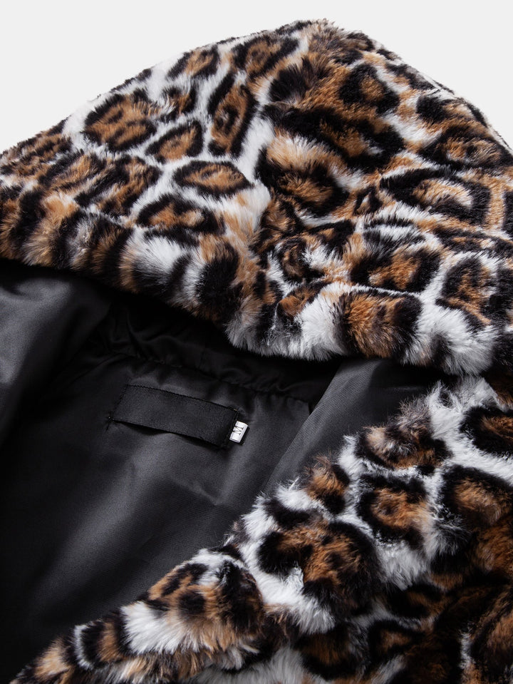 Faux Fur Leopard Zip Up Hooded Vest