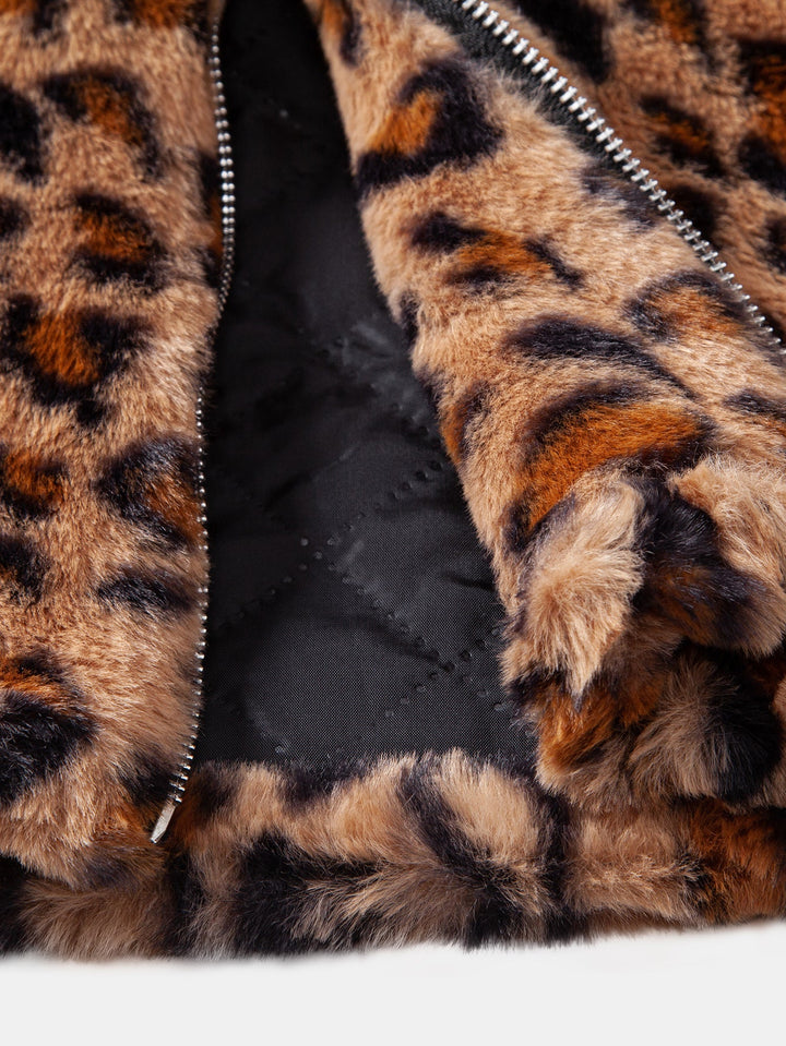 Faux Fur Leopard Zip Up Hooded Coat