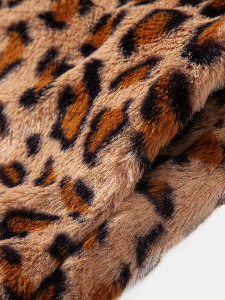 Faux Fur Leopard Zip Up Hooded Coat