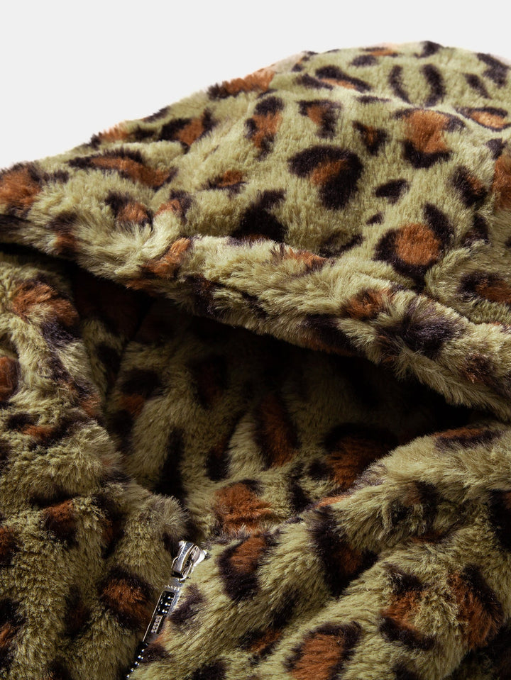 Faux Fur Leopard Zip Up Hooded Coat