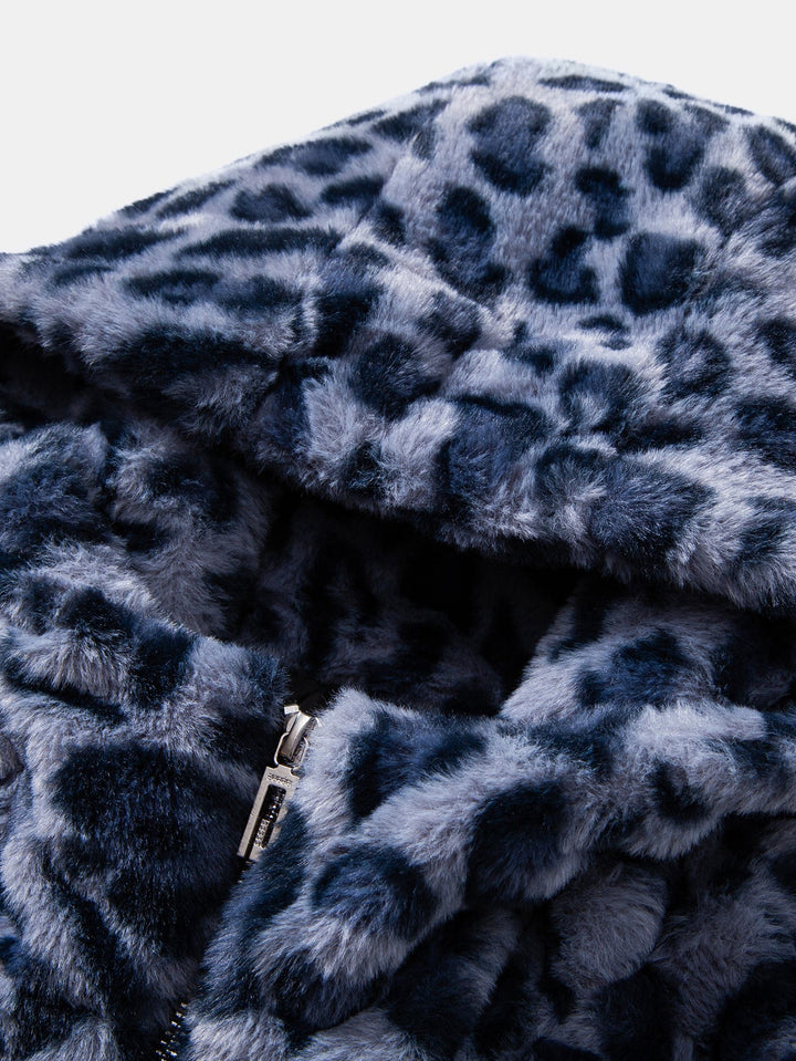 Faux Fur Leopard Zip Up Hooded Coat