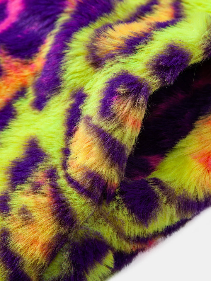 Faux Fur Colorful Leopard Notch Lapel Overcoat
