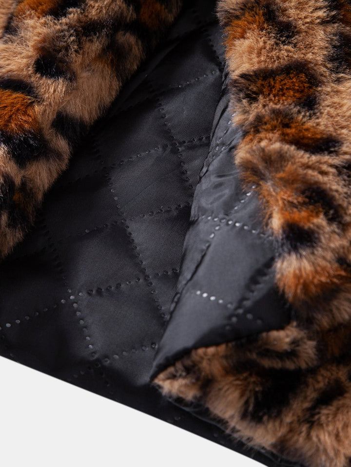 Faux Fur Leopard Notch Lapel Overcoat