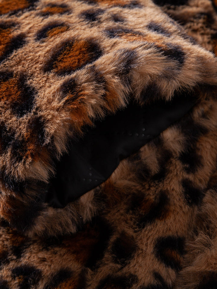 Faux Fur Leopard Notch Lapel Overcoat