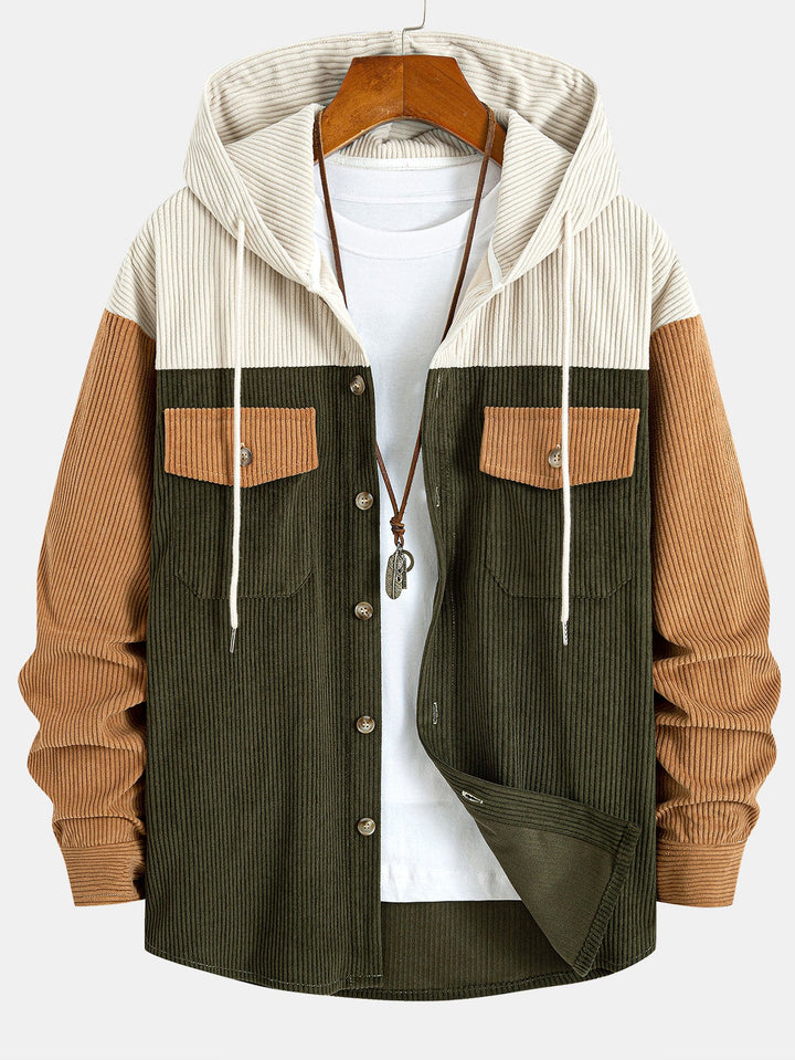 Relax Fit Corduroy Patchwork Hooded Shirt With Pockets & Straight Leg Corduroy Pants