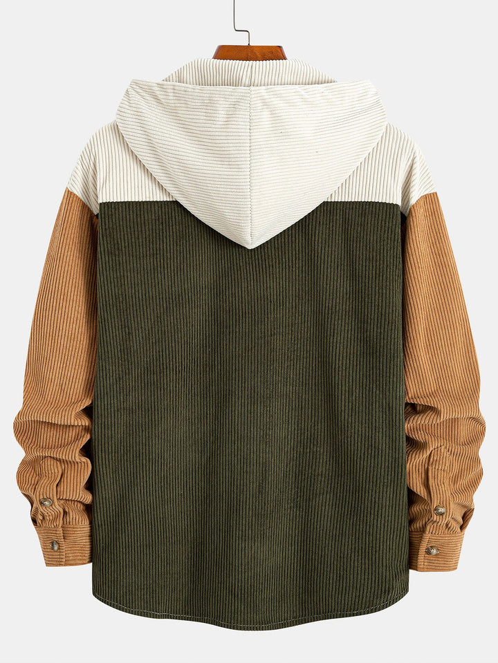 Relax Fit Corduroy Patchwork Hooded Shirt With Pockets & Straight Leg Corduroy Pants