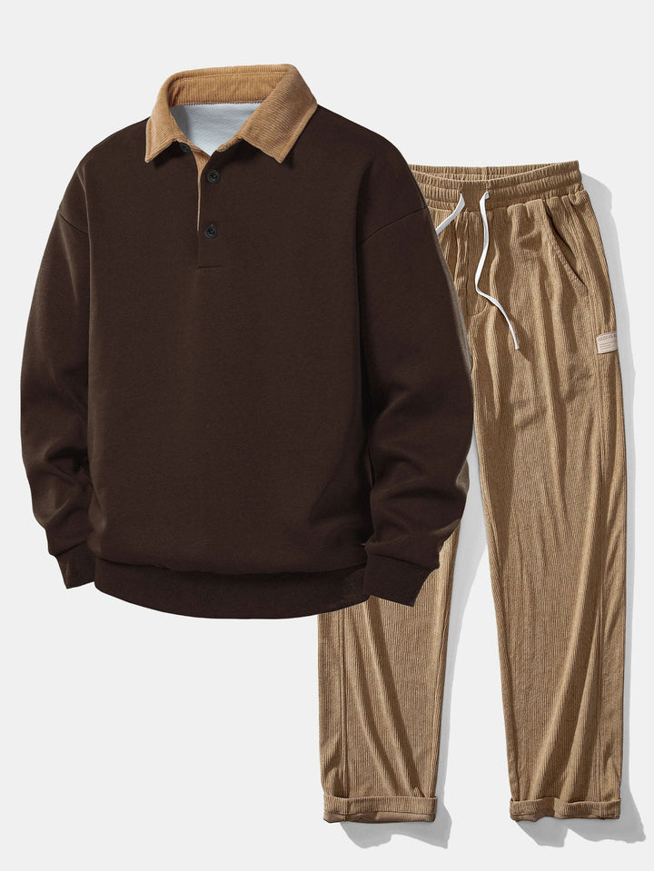 Relax Fit Contrast Corduroy Polo Collar Sweatshirt & Straight Leg Corduroy Pants