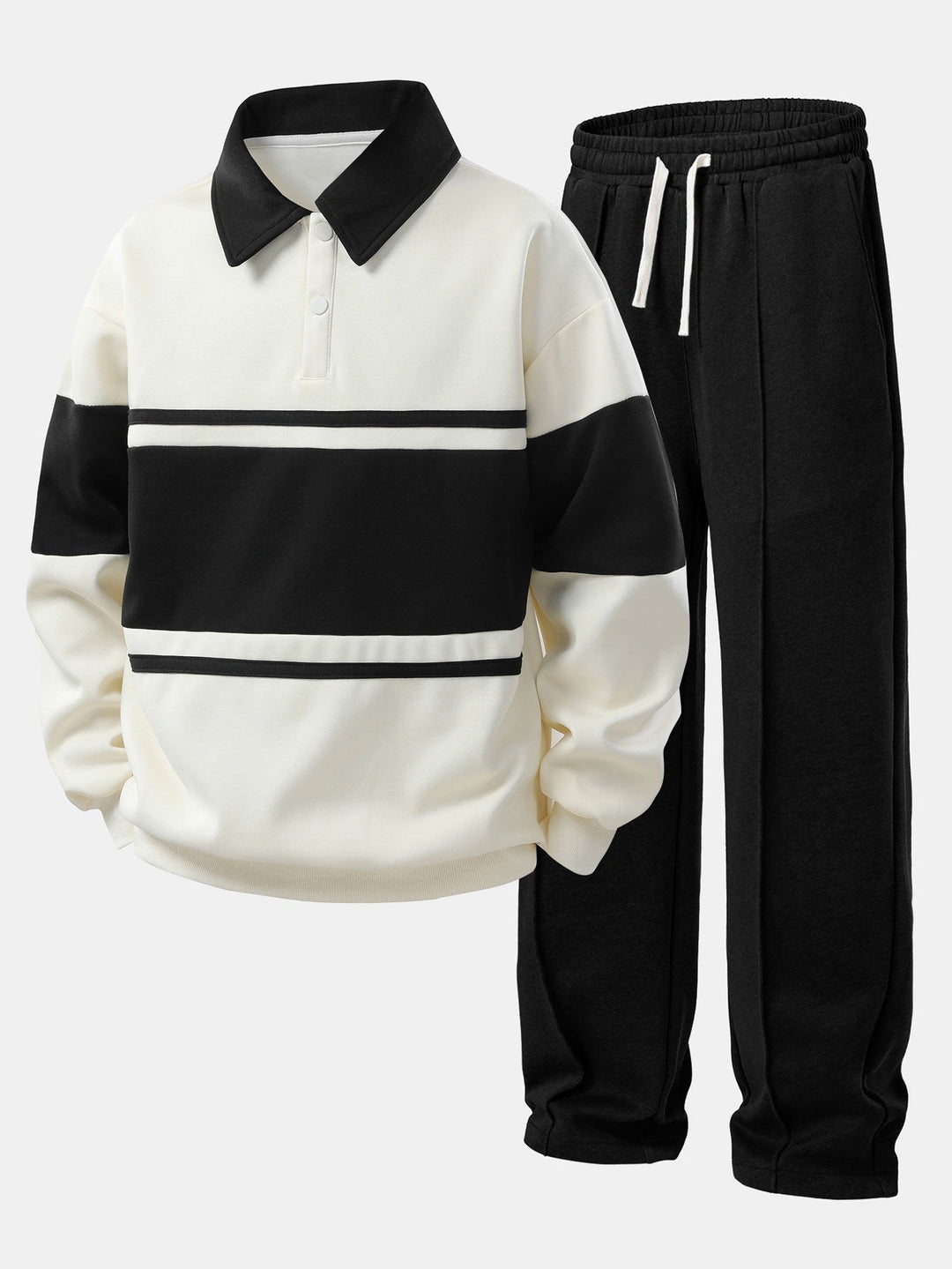 Relax Fit Color Block Patchwork Polo Sweatshirt & Straight Leg Pleated Pintuck Sweatpants