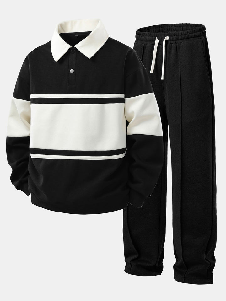 Relax Fit Color Block Patchwork Polo Sweatshirt & Straight Leg Pleated Pintuck Sweatpants