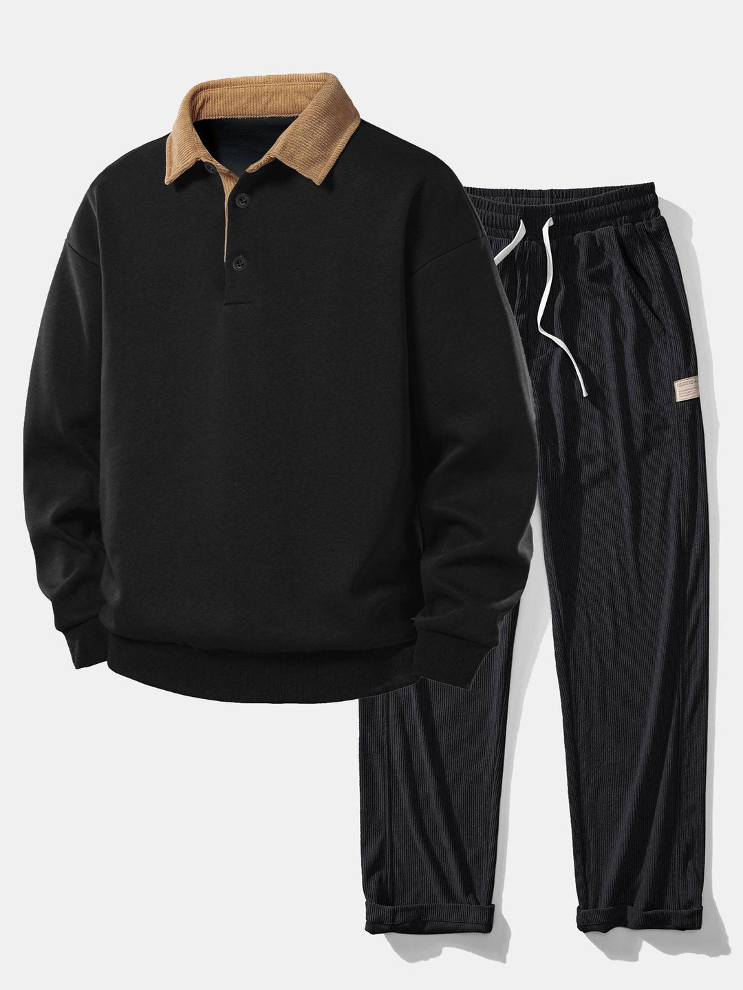 Relax Fit Contrast Corduroy Polo Collar Sweatshirt & Straight Leg Corduroy Pants