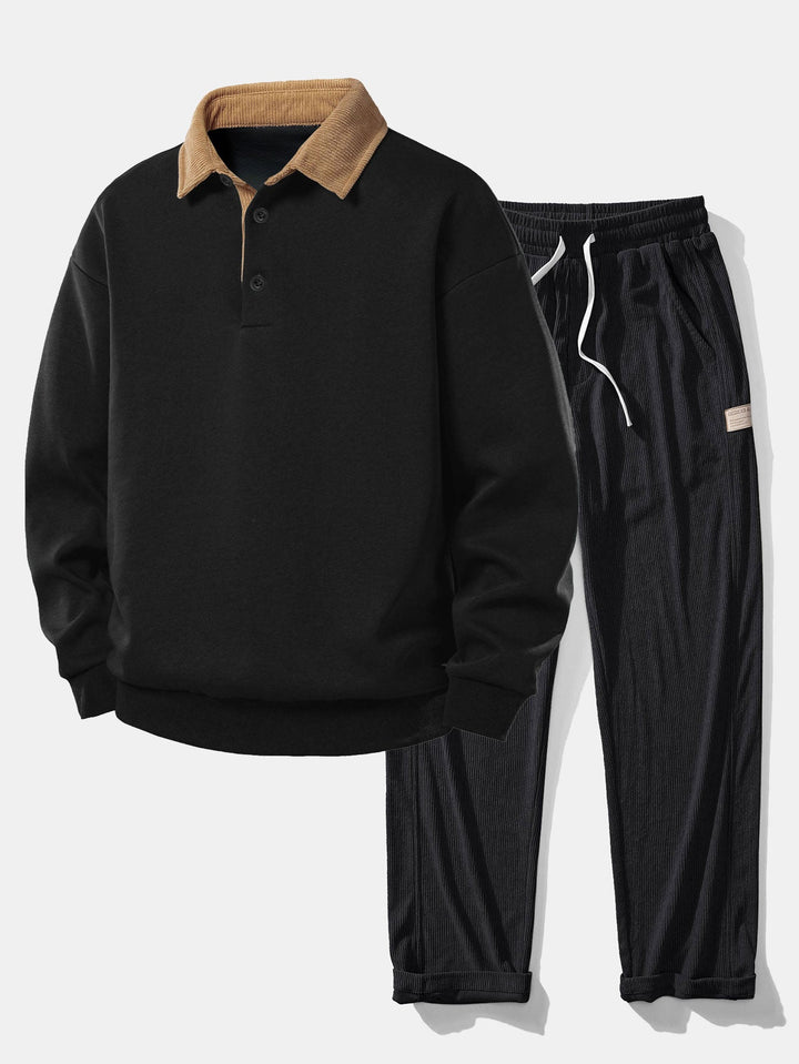 Relax Fit Contrast Corduroy Polo Collar Sweatshirt & Straight Leg Corduroy Pants