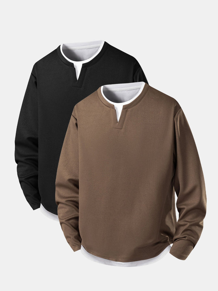 2 Pieces Relax Fit 2 In 1 Notched Collar Textured T-Shirt