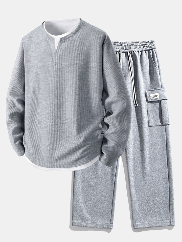 Camiseta Waffle 2 em 1 de Manga Longa com Caimento Relaxado & Calças Cargo de Jersey com Pernas Retas e Caimento Relaxado