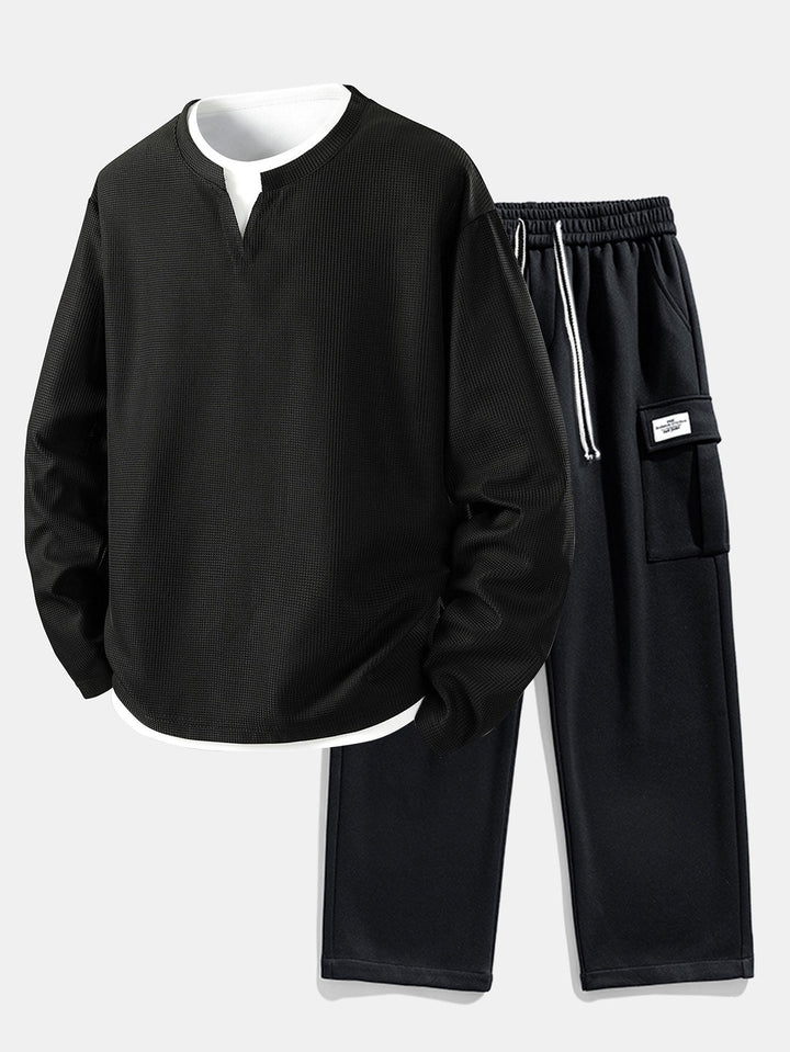 Camiseta Waffle 2 em 1 de Manga Longa com Caimento Relaxado & Calças Cargo de Jersey com Pernas Retas e Caimento Relaxado