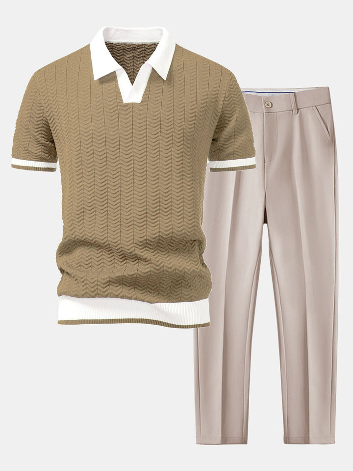 Texture Contrast Knitted V Neck Polo Shirt & Slim Fit Tapered Trousers