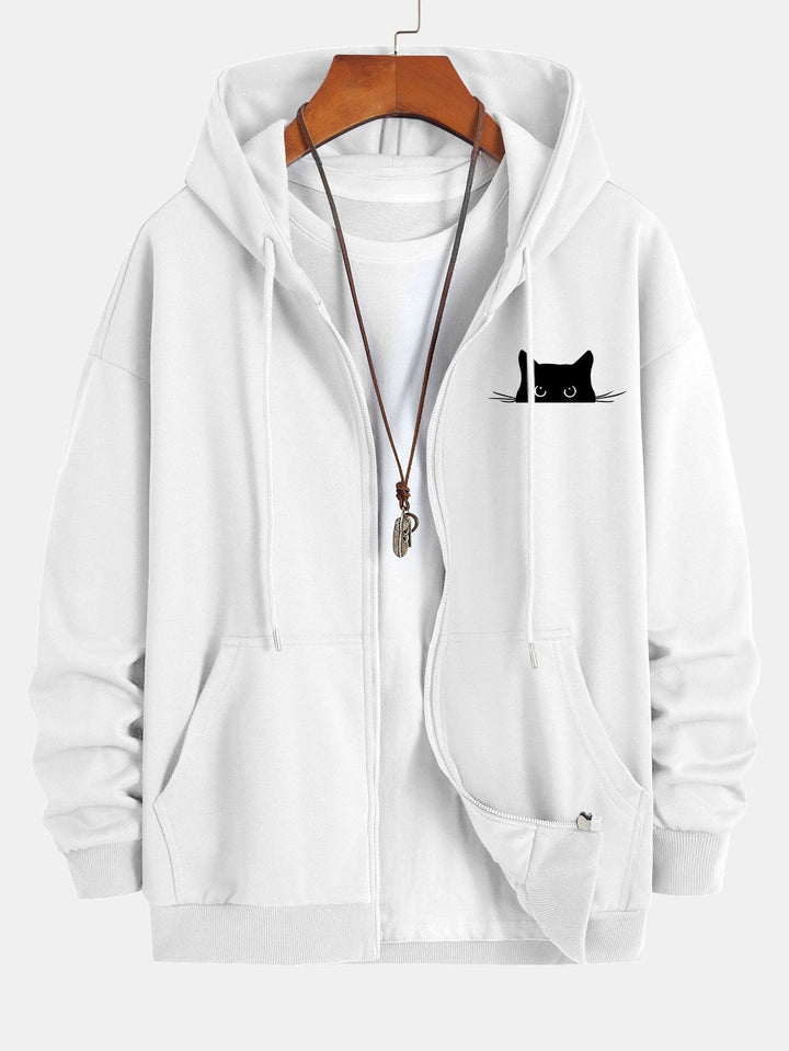 Black Cat Print Relax Fit Zip Hoodie