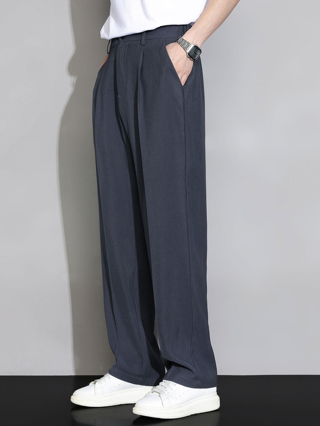 Relax Fit Elastic Waist Straight Leg Trousers