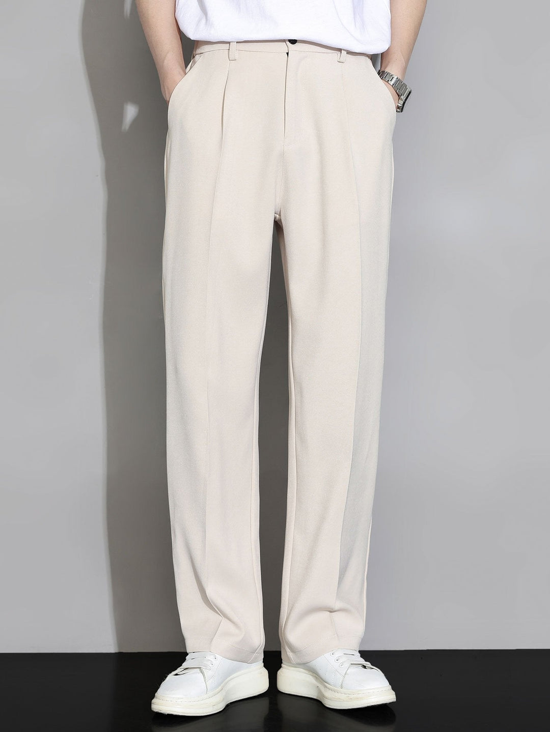 Relax Fit Elastic Waist Straight Leg Trousers