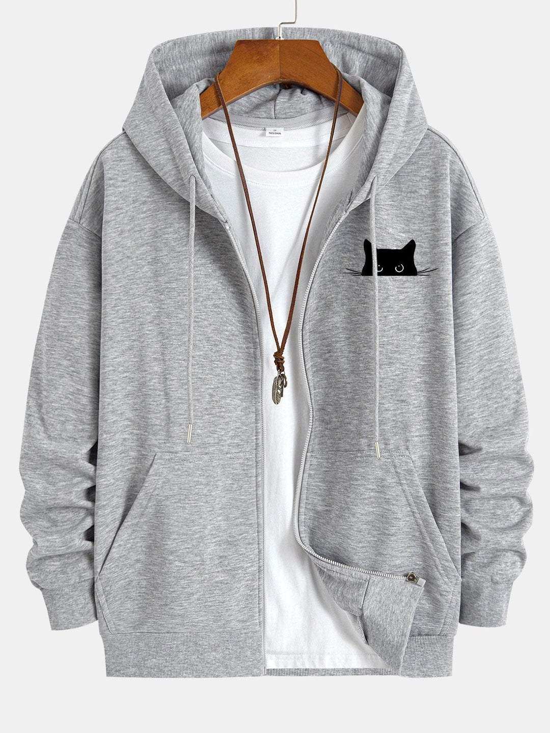 Black Cat Print Relax Fit Zip Hoodie