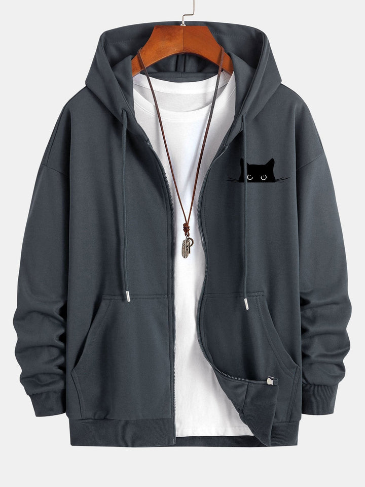 Black Cat Print Relax Fit Zip Hoodie