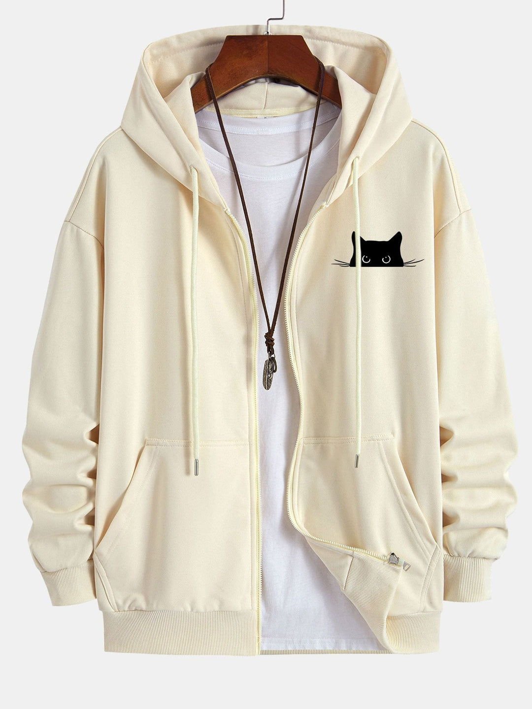 Black Cat Print Relax Fit Zip Hoodie